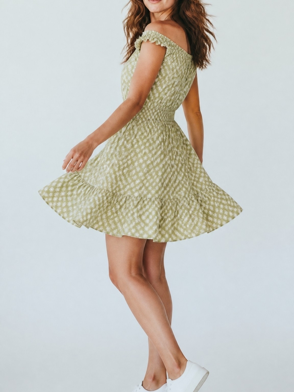 Smocked Off-Shoulder Olive Mini Dress with Ruffle Hem